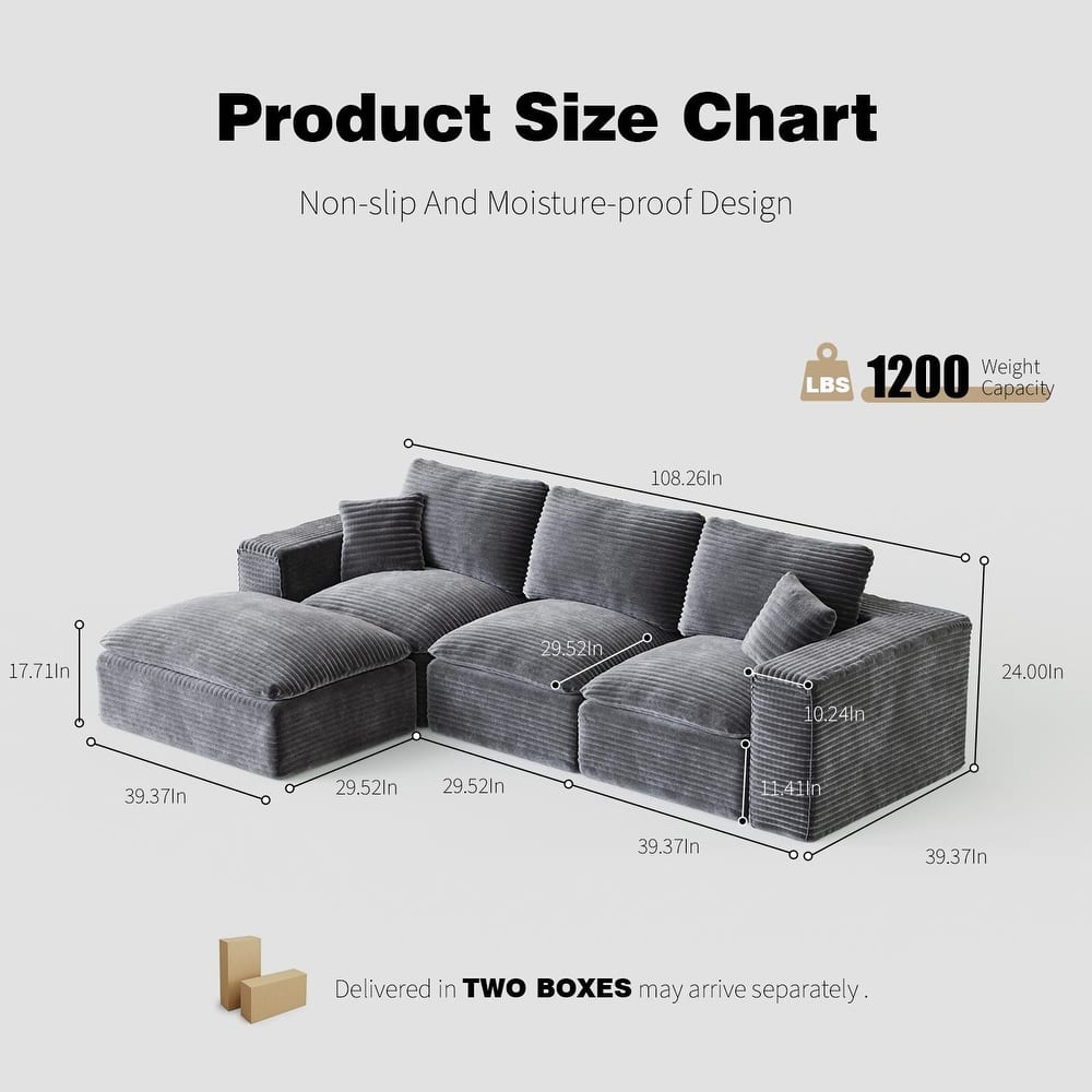 L-Shaped Cloud Sectional Sofa with Chaise Lounge, Corduroy Upholstered 3 Seater Sofa, Modular Corner Sofa with Deep Seat