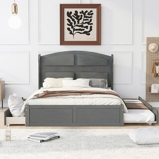 Queen Size Platform Bed with Twin Trundle and 2 Drawers,Traditional Style