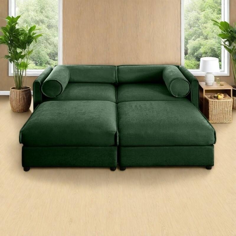 Modern Chenille 6-Seater Sofa with Ottoman Storage, Hidden Storage, Cylindrical Cushioned Arms and Backrest - 2 Seater with 2 Ottoman Green
