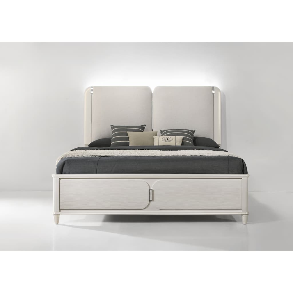 Laveda Light Gray Boucle & Pearl White Finish Queen Bed w/LED