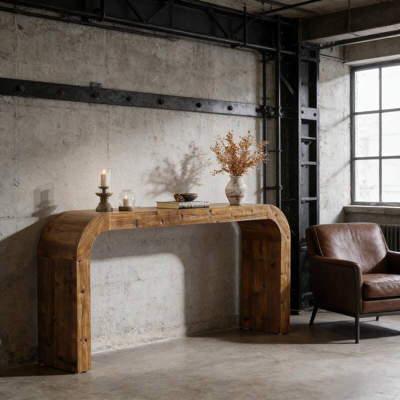 Farmhouse Wood Sofa Table, Narrow Side Table, Curved Design Coffee Table