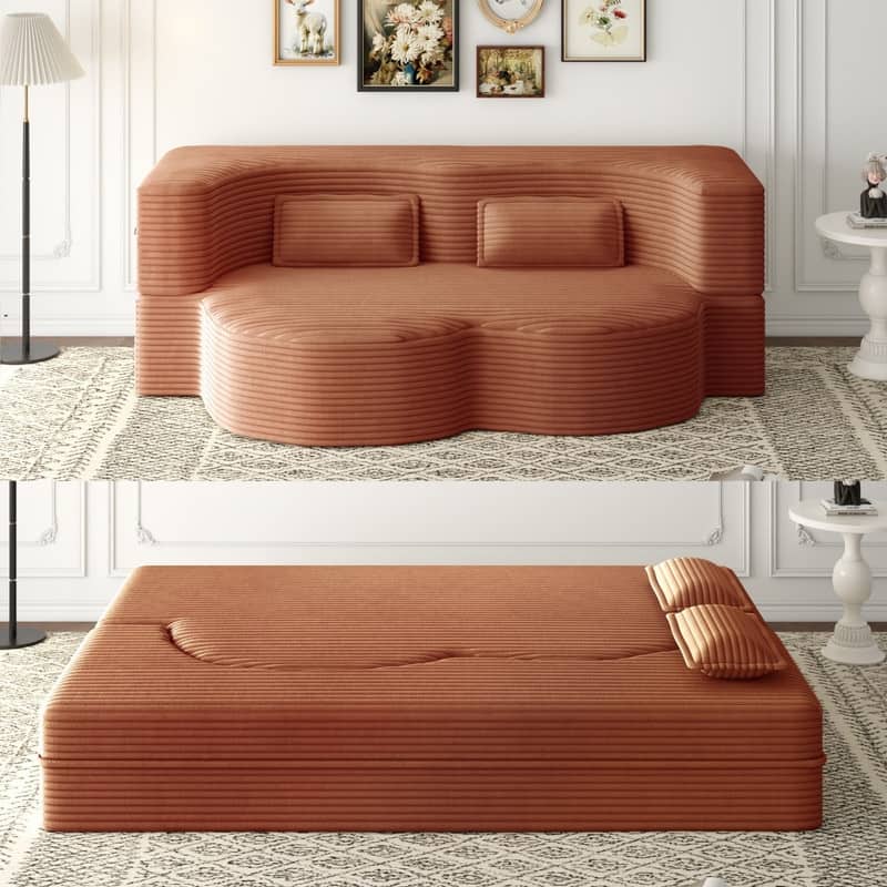 Modern 78" Full Size Convertible Corduroy Foam-Filled Sleeper Sofa,Modern Floor Sofa with 2 Pillows
