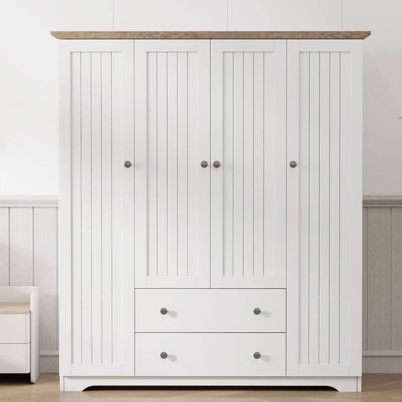 4 Door Wardrobe Armoire Closet With 2 Drawers,Combining Hanging Space, Drawers And Storage - White