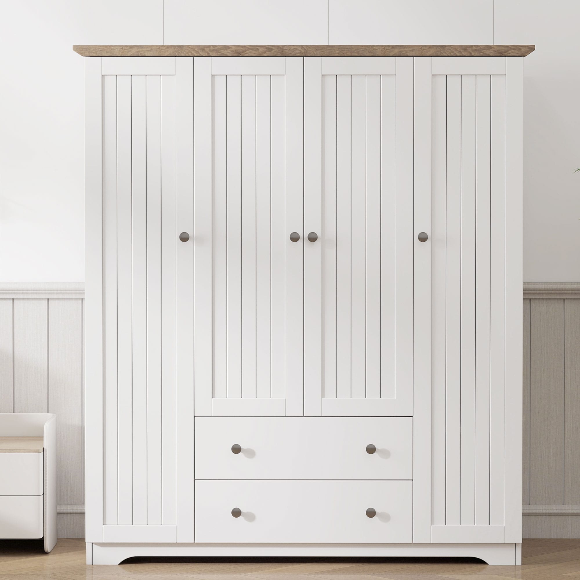 4 Door Wardrobe Armoire Closet With 2 Drawers,Combining Hanging Space, Drawers And Storage