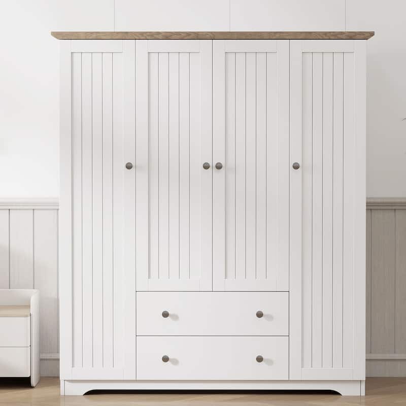 4 Door Wardrobe Armoire Closet with 2 Drawers, Freestanding Wardrobe Clothes Storage Cabinet with Hanging Rods - White