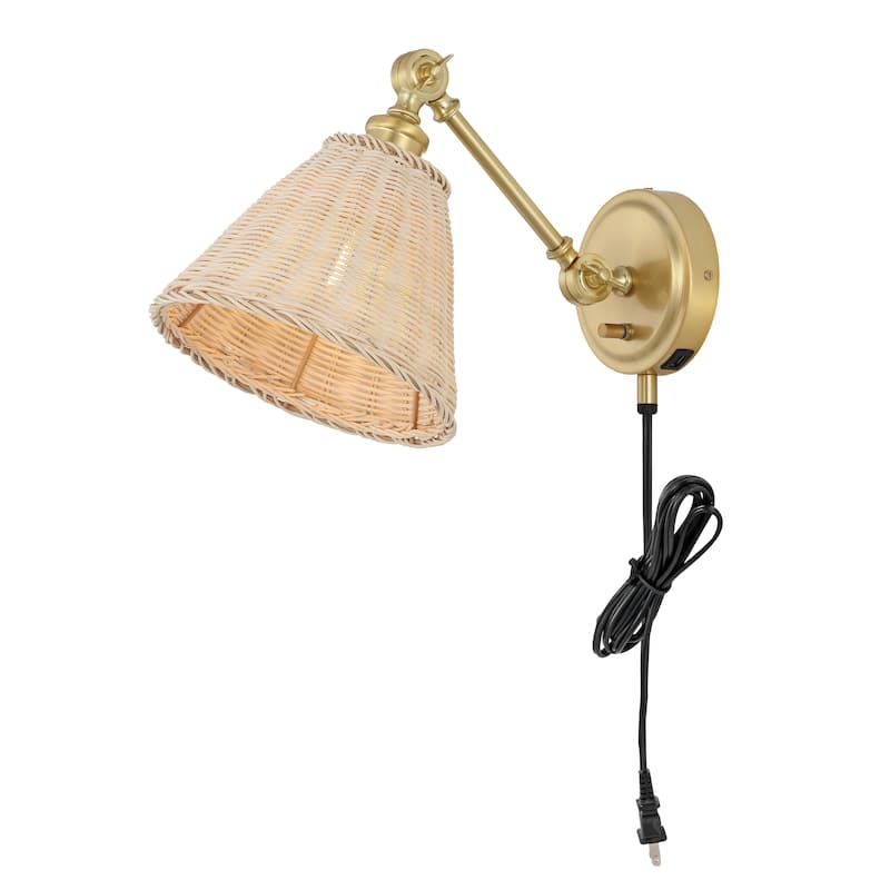 SAFAVIEH Lighting Oswynn Wall Sconce (Set of 2) - Brass/Natural Rattan - 8"W x 15"D x 10"H