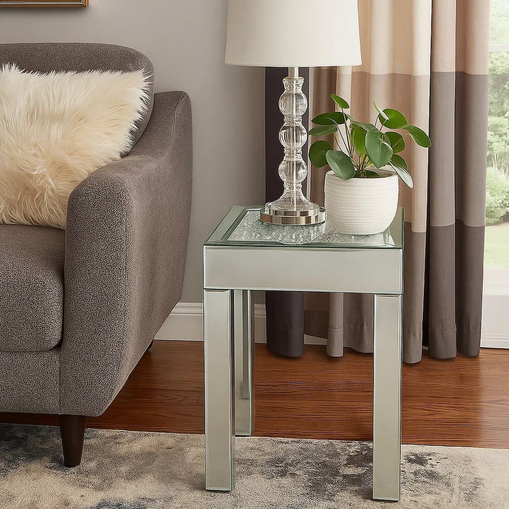 End Table with Faux Acrylic Diamond Top and Block Legs, Silver