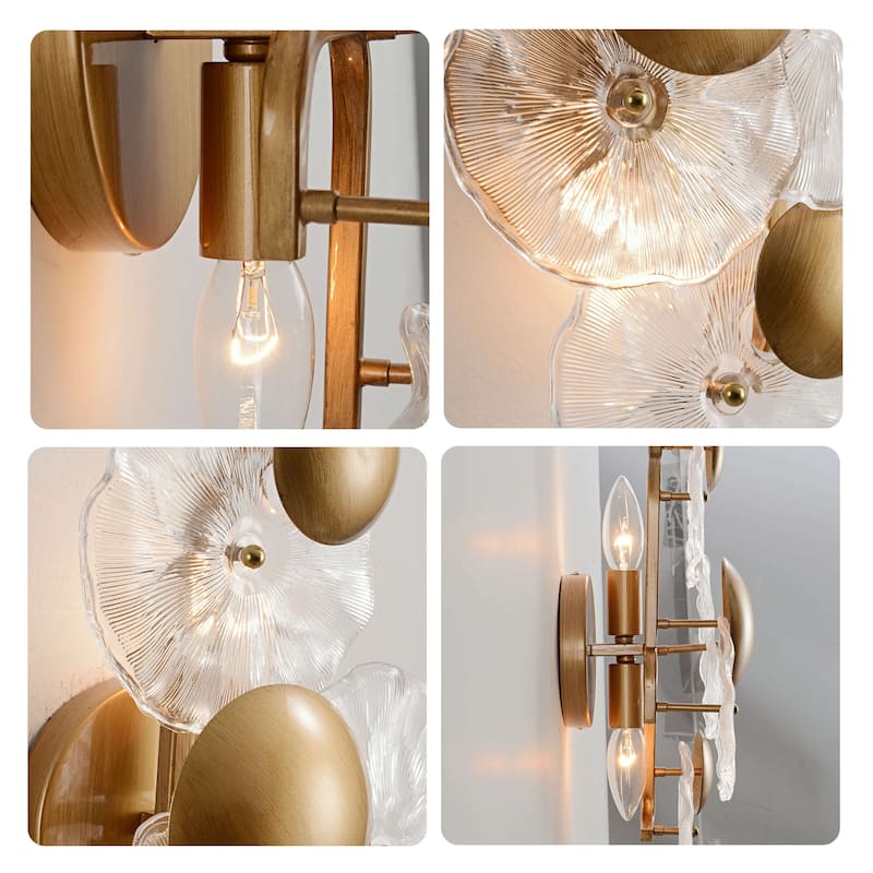 Frieda 2-Light Brushed Brass Glass Flower Wall Sconce - 9" W x 16" H x 5.5" D