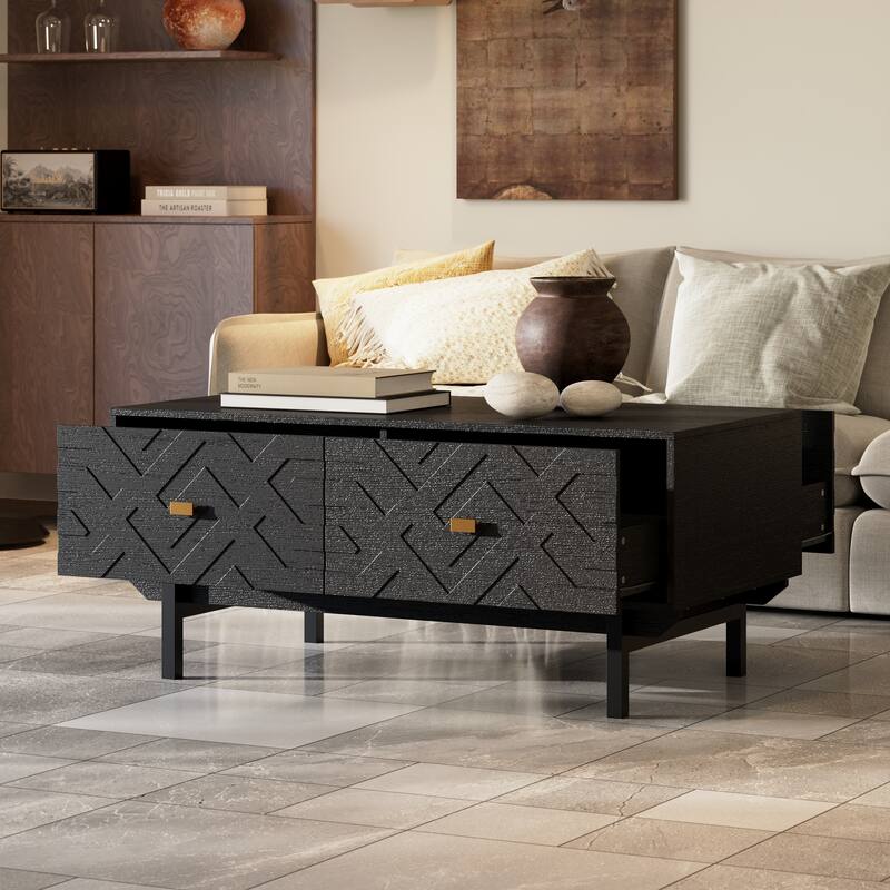 Black Embossed Storage Coffee Table w/Gold Handles Modern Living Room Centerpiece Sofa Table