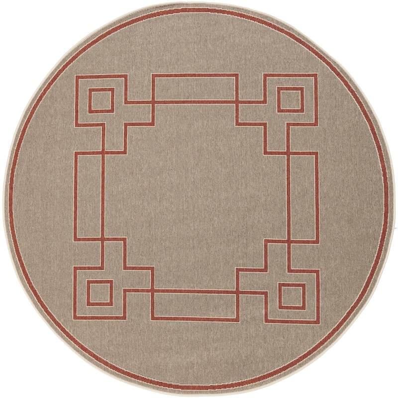 Livabliss Alfresco Country Geometric Indoor / OutdoorArea Rug - 7'3" x 7'3" Round - Beige/Red