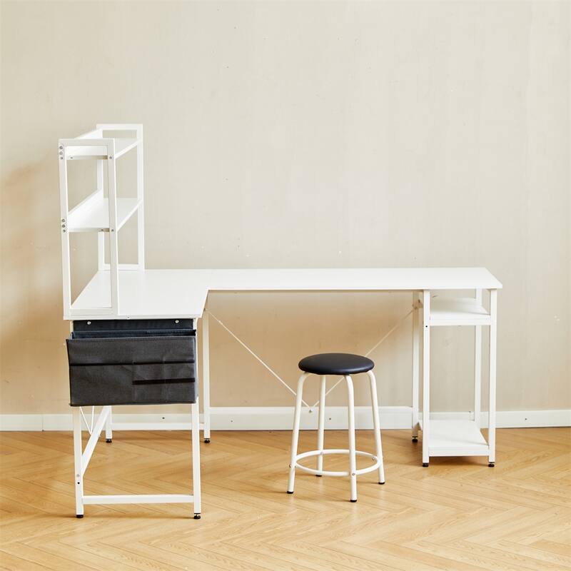 94.5" L Shape Home Office Desk with Storage Shelves and Stool