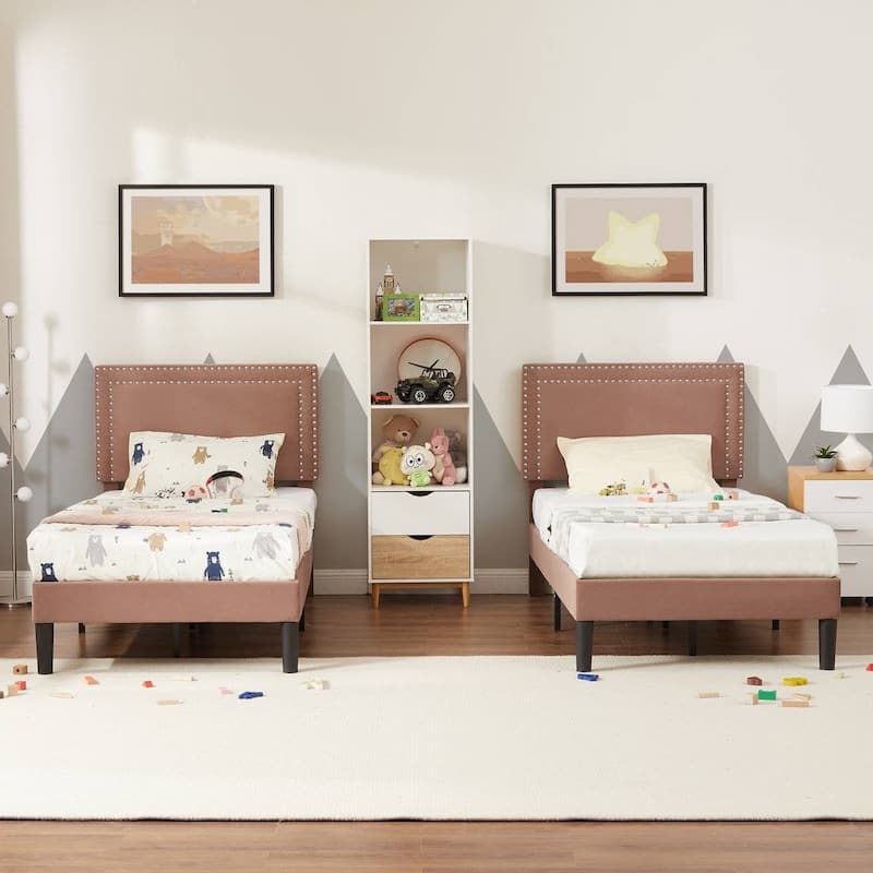 Set of 2 Twin Size Tufted Upholstered Platform Beds Dorm Style Minimalist Metal Frame with Slats No Box Spring Needed