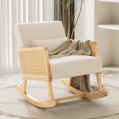 Furniwell Upholstered Living Room Accent Chair with Pillow, Single Sofa with Rattan Wooden Armrests