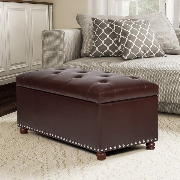 slide 2 of 55, Adeco 35" Storage Ottoman Tufted Faux-Leather Lifted Top Bench Brown