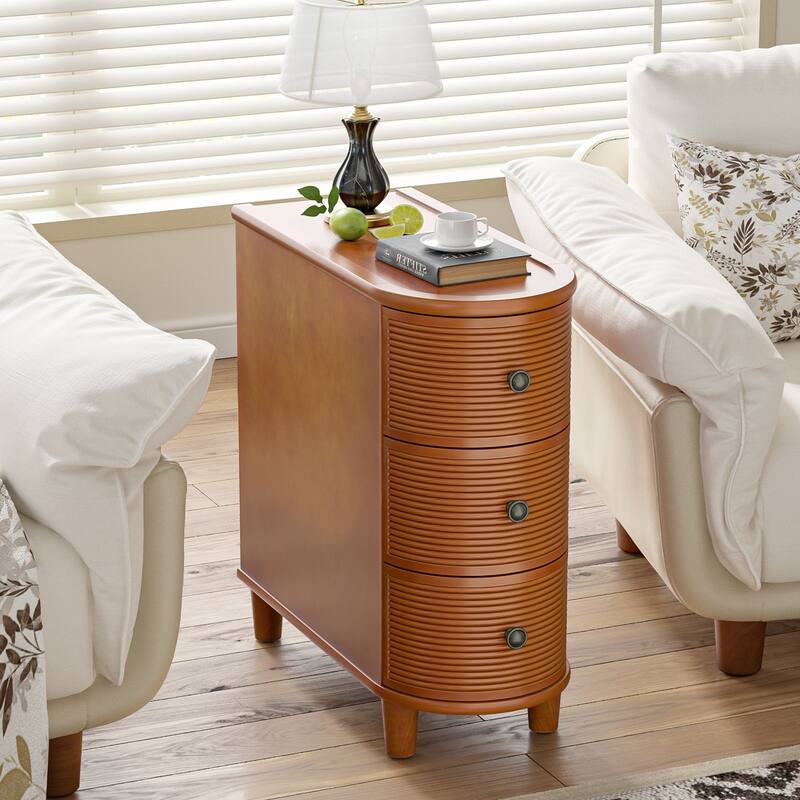 3-Drawer Walnut Narrow End Table - Side Table for Living Room & Bedroom