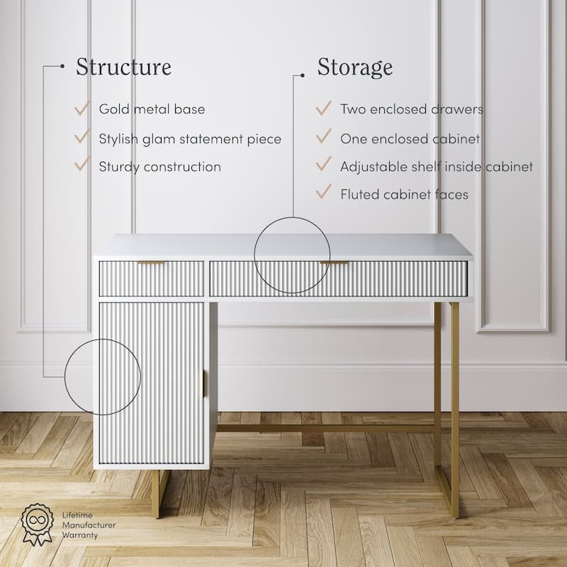 Jacklyn White Modern Computer Desk, Workstation or Writing Desk for Small Spaces with Drawers and Cabinet Storage