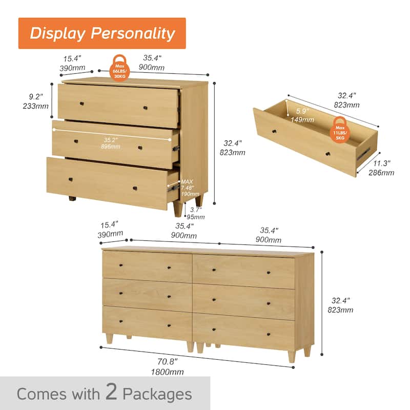 Wood Dresser with 3 Wide Drawers for Bedroom, Kids Room
