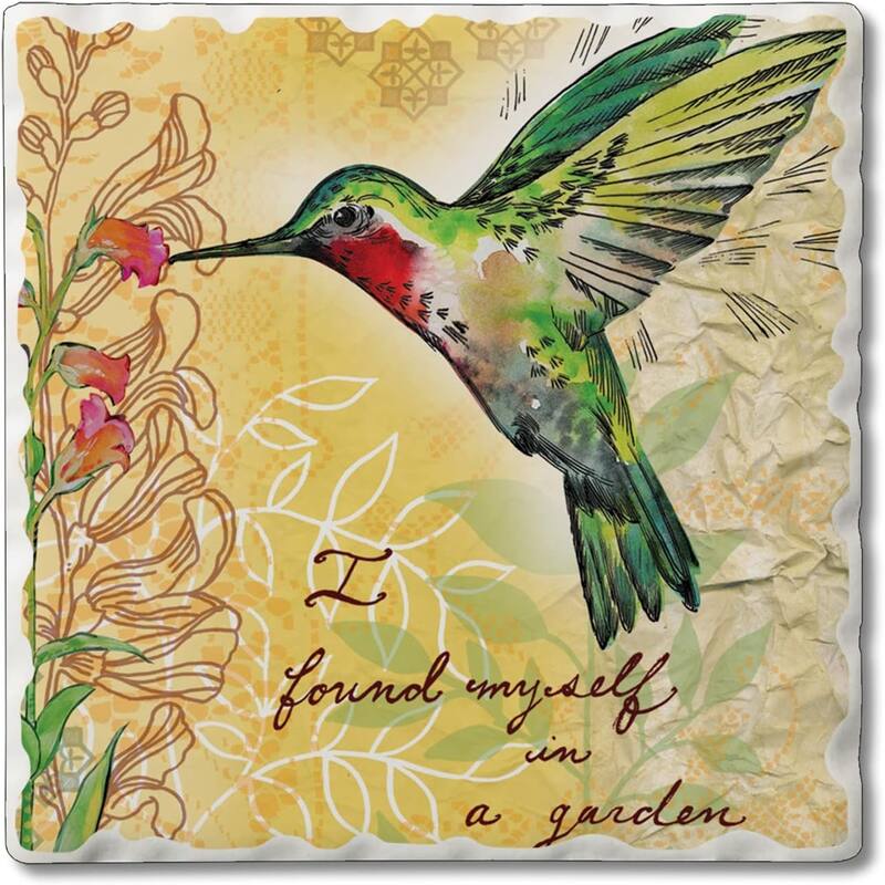 Hummingbird 4-Pack Absorbent Stone Coasters with Protective Cork Backing 4" Square Made in The USA Artistic Easily Wipes Clean - Multi