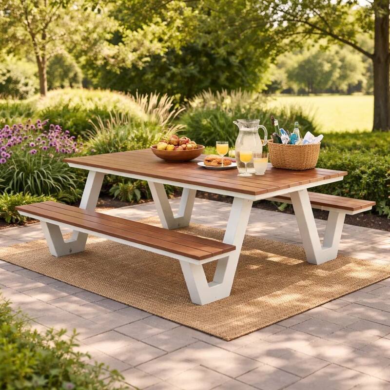 Limo 86 Inch Picnic Table, Rich Brown Polyresin Slats, Aluminum Frame