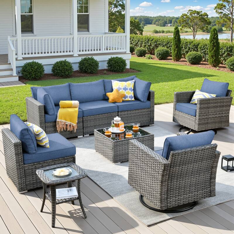 XIZZI 8-Piece Outdoor Patio Wicker Furniture Set with Swivel Chair - Denim Blue