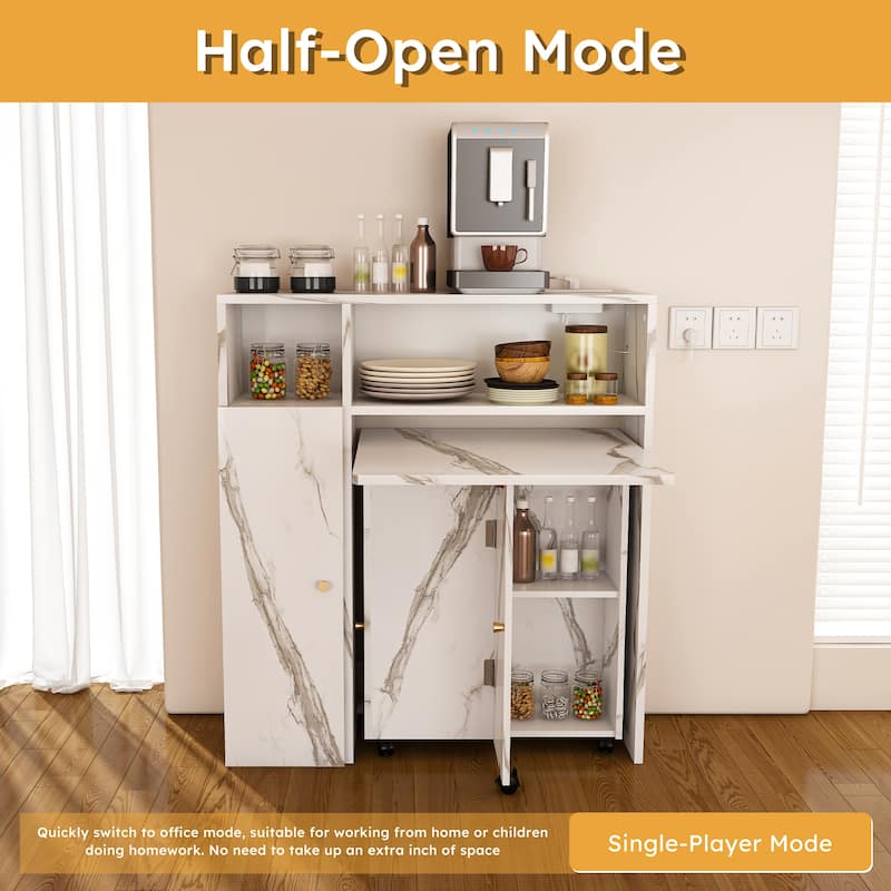 Anmytek Folding Marble Dining Table with Storage & Power Outlet, Convertible Desk for Small Space Kitchen Living Room