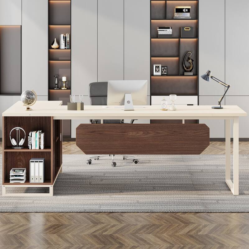 70.8-Inch Executive Desk with 55-Inch File Cabinet, Large L Shaped Computer Desk with Storage Cabinet and Shelves
