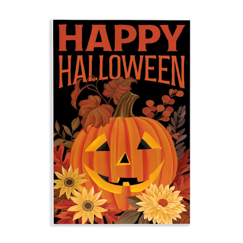 Stupell Happy Halloween Floral Pumpkin Wall Plaque Art Design By Cat Thurman Designs - 13 x 19