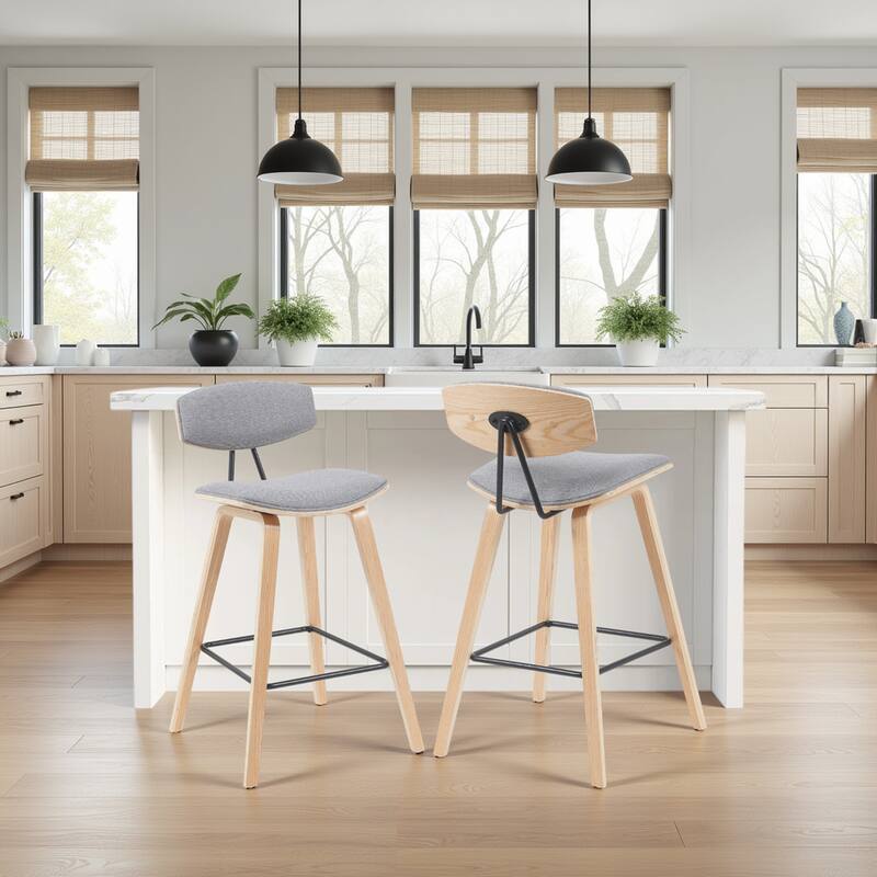 Fox Mid-Century Bar Stool, Upholstered Counter Height Chair with Bentwood Legs - Set of 2 - Grey Fabric & Oak - Counter Height