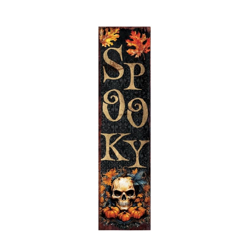 HomeRoots 36" Black Gold And Orange Solid Wood Spooky Halloween Skull Porch Sign