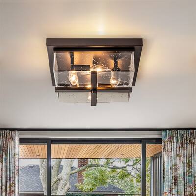 4-Light Oil Rubbed Bronze Seeded Glass Flush Mount Square Ceiling Light - 12