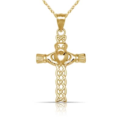 Curata 14K Gold 18" Woven Claddagh Celtic Cross Pendant Necklace