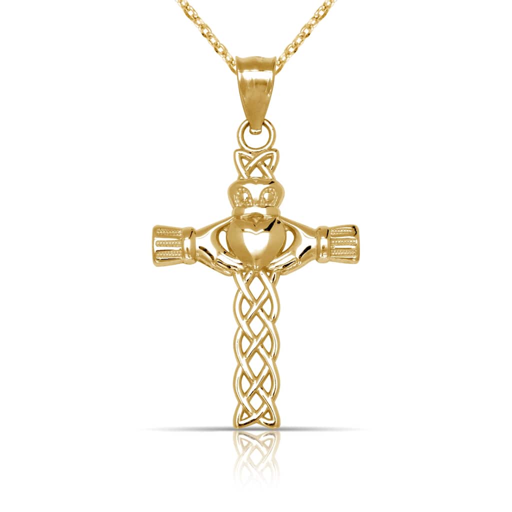 Curata 14K Gold 18" Woven Claddagh Celtic Cross Pendant Necklace