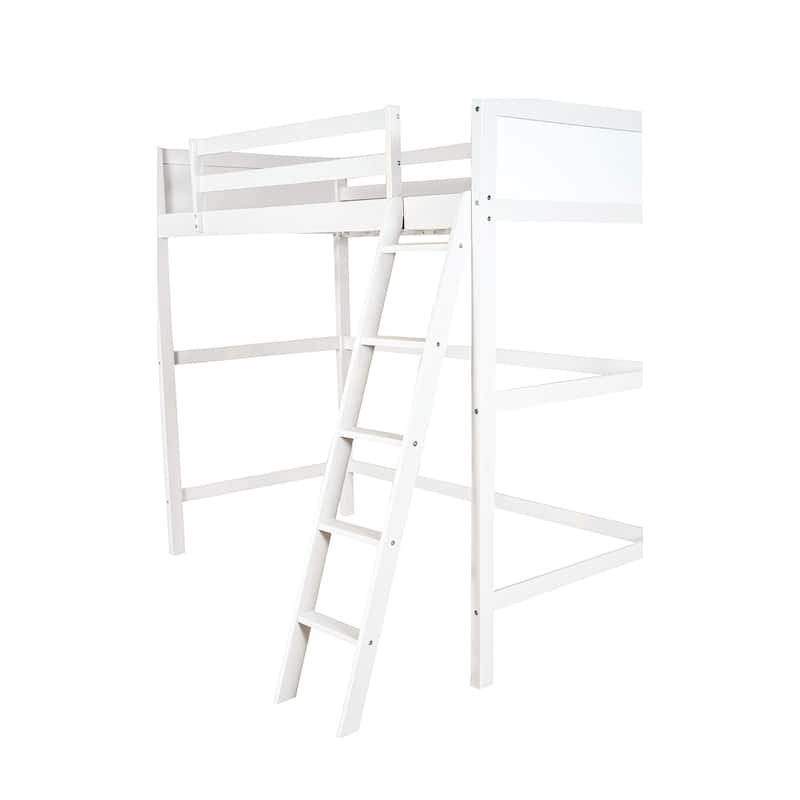 Modern Simple Style Twin Size Solid Pine Wood Loft Bed with Full Length Guardrail and Inclined Ladder