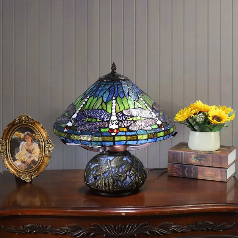 Shulba Dragonfly Base and Shade 2-Light Table Lamp Blue Tiffany Style Glass