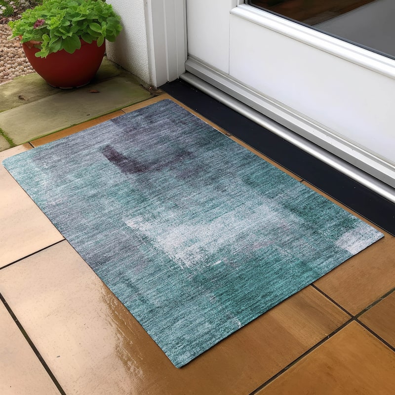 Machine Washable Indoor/ Outdoor Chantille Solid Ombre Rug - Teal - 1'8" x 2'6"