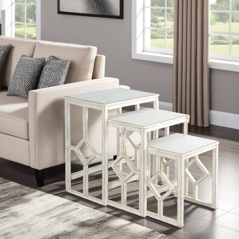 Rena 3 Piece Nesting Accent Table Set, Slatted, Rustic White Mahogany