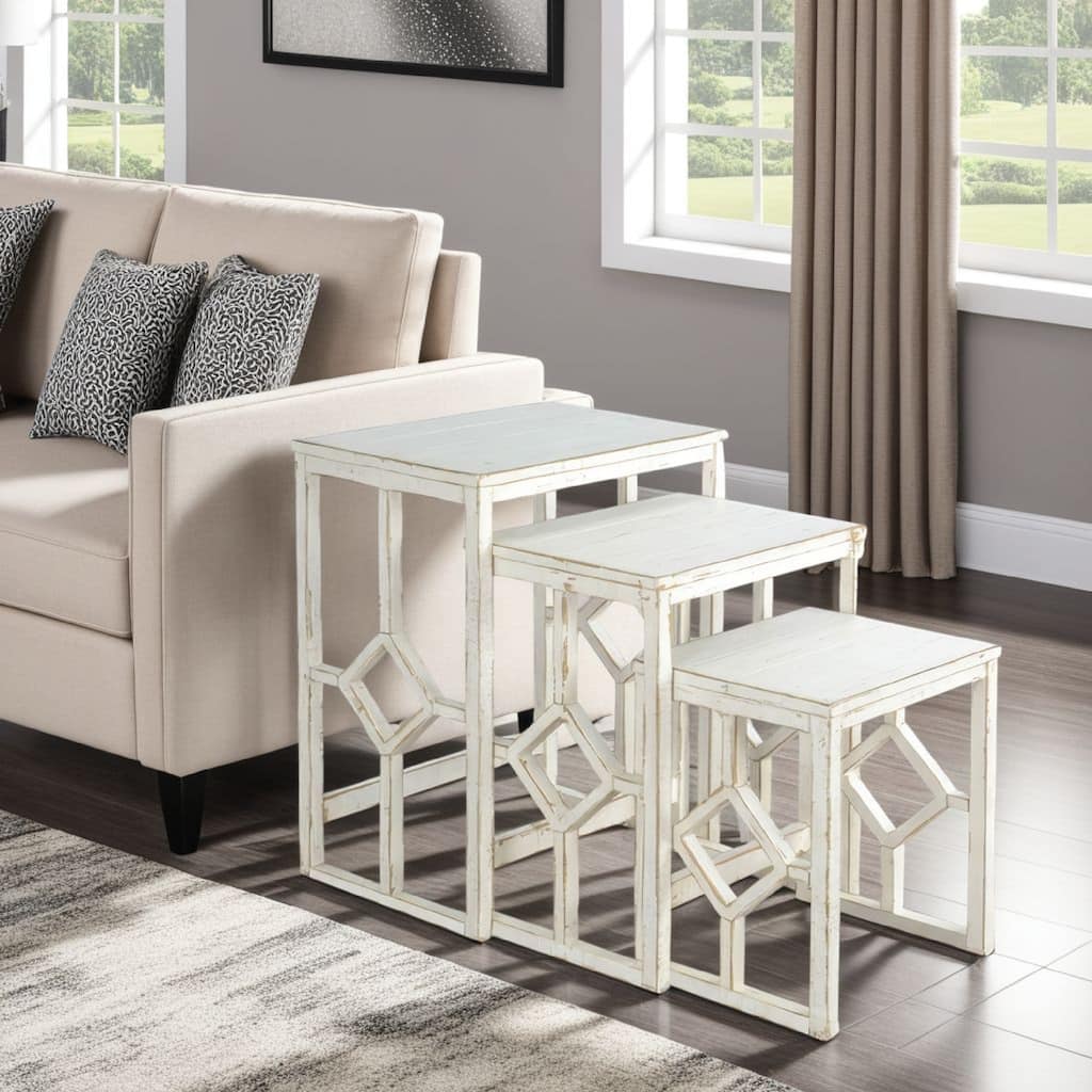 Rena 3 Piece Nesting Accent Table Set, Slatted, Rustic White Mahogany