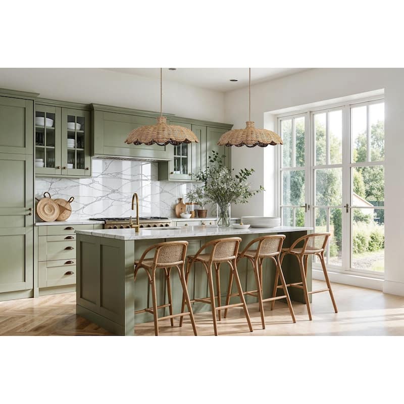 Aurelia Rattan Pendant Light - Natural Hardwired Light Fixture for Kitchen Island or Dining Room in Boho or Coastal Style