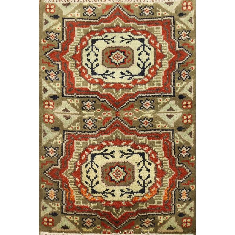 Hand Knotted Oriental 100% Wool Carpet Traditional Geometric Green Kazak Area Rug - 3' 0'' X 2' 0''