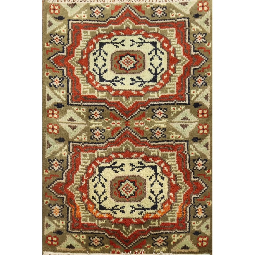 Hand Knotted Oriental 100% Wool Carpet Traditional Geometric Green Kazak Area Rug - 3' 0'' X 2' 0''