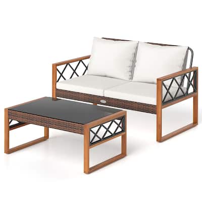 2 Piece Mix Brown PE Rattan Outdoor Loveseat with Cushions and Coffee Table - Loveseat: 28" x 50" x 31.5"