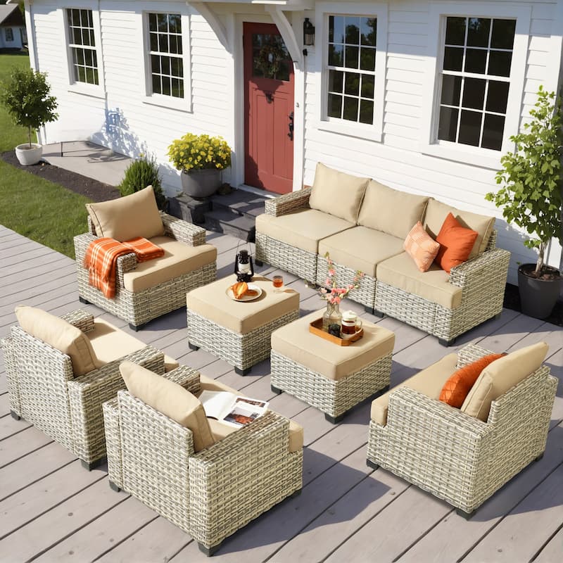 OVIOS 9 Pieces T shaped Seat Wide Armrest Set With Ottoman - Beige