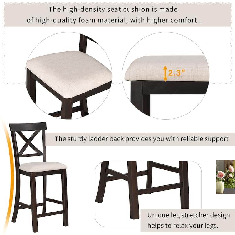 6-Piece Counter Height Dining Table Set, Under Table Storage Shelf, Upholstered 4 Chairs & Bench, Tapered Legs