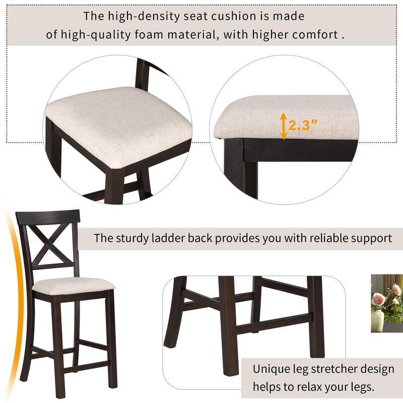 Espresso 6-Piece Counter Height Wooden Dining Table Set with 4 Chairs & Bench