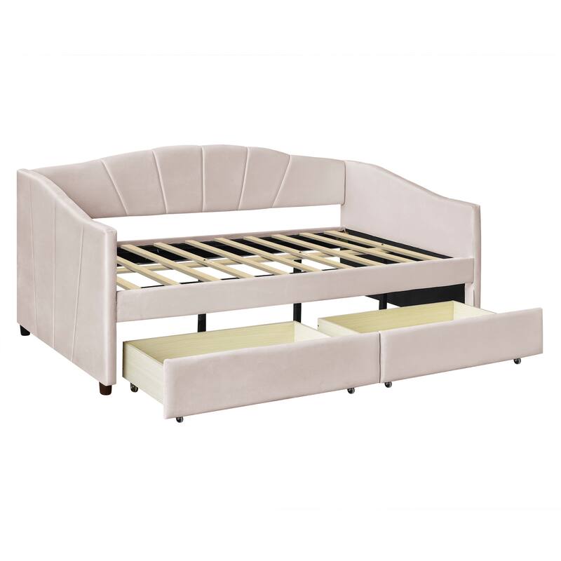 Twin Size Velvet Daybed Frame with 2 Drawers - Beige