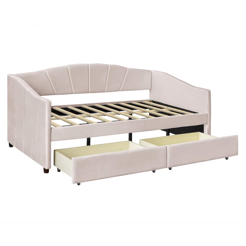 Velvet Upholstered Platform Bed with Storage, Twin Daybed Lounge Chaise Sofa Bed with with Solid Wood Frame and Wooden Slats