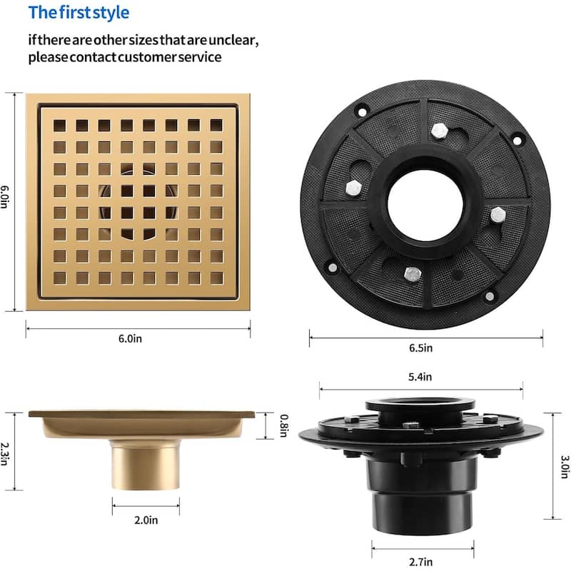 PROOX 6 inch Square Shower Floor Drain with Flange Removeable Grid Panel - 6 in.