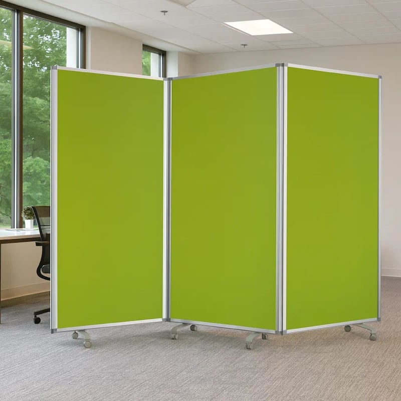 Accordion Style Fabric Upholstered 3 Panel Room Divider, Green and Gray