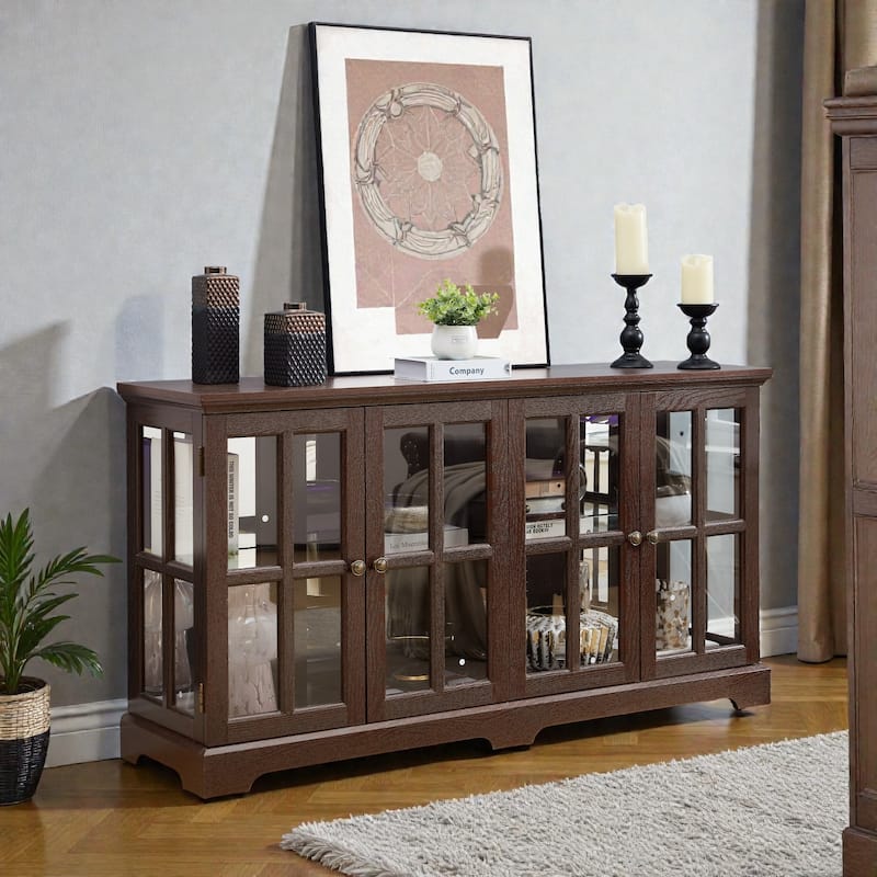 LED Antique Curio Display Cabinet with Glass Doors, 4 Door Vintage Showcase with Adjustable Shelves