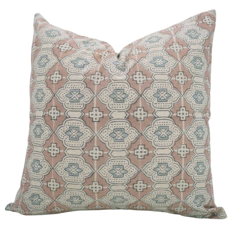 Fabdivine Floral Throw Fall Summer Décor Pink Pillow Cover Handmade Linen, for Farmhouse Guest Room or Couch, Custard Apple - Jharokha- Pink, Grey - 26" x 26" - Pillow Covers